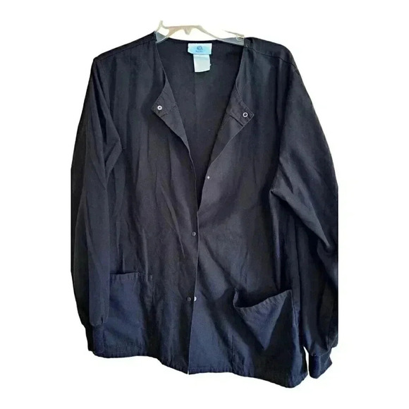 SB Scrubs Womens Medium M Scrub Top Jacket Black Long Sleeve Snap Button Pocket - Picture 1 of 5
